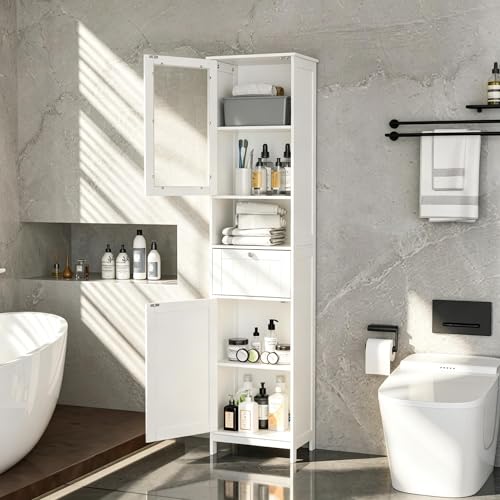 Greenvelly 67" Tall Bathroom Storage Cabinet, Narrow Freestanding Storage Unit with Magnetic Door, Drawer & Adjustable Shelves, Anti-Tip Floor Cabinet for Bathroom, Living Room, White - color: White