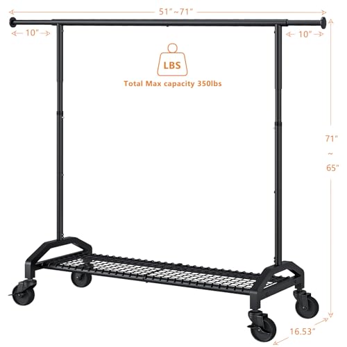 Wiracks Heavy Duty Clothes Rack for Hanging Clothes 350lbs Clothing Rack 3" industrial Wheels 51 to 71" W x 16.53" D x 65" to 71" H Adjustable Rolling Clothes Rack Coat Rack Garment Rack Black - style: Black