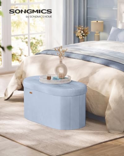 SONGMICS MINOTA Collection - Folding Ottoman with Storage, Oval Storage Ottoman Bench, for Living Room, Bedroom, Velvet Fabric, 15 x 29.9 x 15 Inches, Baby Blue ULSF267QQ01 - color: Baby Blue, size: 15"D x 30"W x 15"H, style: Oval