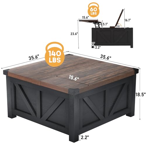 jimeimen Farmhouse Lift Top Coffee Table with Storage, Wood Square Center Table with Charging Station&USB Port, Living Room Table w/Large Hidden Space, for Living Room, Bedroom, Home Office, Black - color: Black