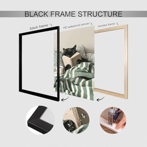 Funny Black Cat Canvas Wall Art, Cute Cat Reading Book In Bed with Coffee Aesthetic Poster, Cozy Striped Green Bedroom Animal Wall Decor, Bookish Art Print for Book Pet Lover 12x16in Framed - color: Cat 01, size: 16"L x 12"W, style: Framed