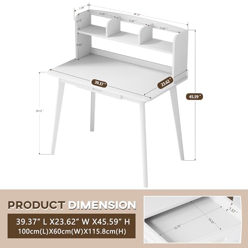 IOTXY Small Writing Desk with Hutch - 39.4" Work Computer Study Table | White , Storage Drawer, Space-saving for Home and Office, with Bookshelves - color: White, size: 39.4-Inch