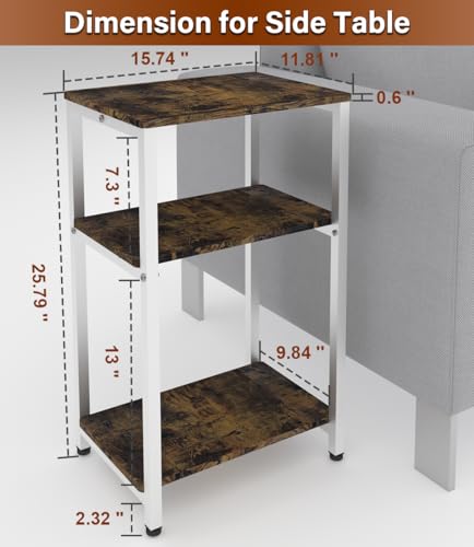3 Tier Side Table, Heavy Duty End Table with Shelves, Narrow Nightstand for Small Spaces Home Decor, Record Player Table for Living Room, Bedroom, Sofa Couch - Rustic Brown & White - color: White, size: 3-Tier