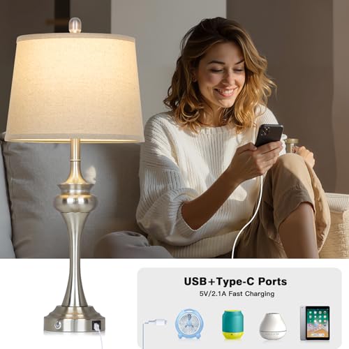 Rinweey 30" Silver Table Lamps Set of 2, 3 Way Touch Control Living Room Lamp with USB A+C Ports, Modern Brushed Nickel Bedroom Lamps, Tall Metal Bedside Lamp for Nightstand Desk Side Table Office - color: Silver-30”H