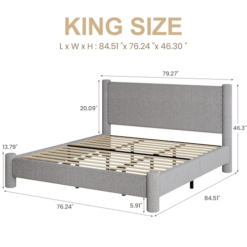 REVOMINCA King Boucle Bed Frame with Headboard & Footboard, Light Grey | Upholstered platform frame has soft rounded corners, needs no box spring, and features easy assembly. - color: Grey, size: King