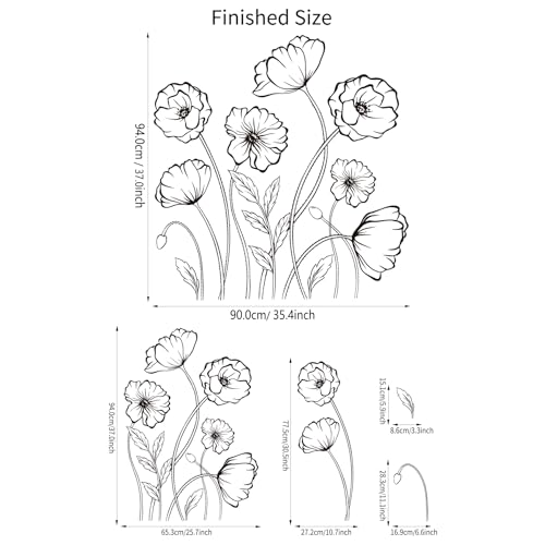 Black Flowers Wall Decals Simple Sketch Floral Wildflower Wall Stickers Large Boho Flowers Wallpaper Peel and Stick Wall Art Decal for Bedroom Living Room