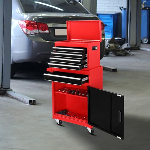 TUFFIOM 5-Drawer Rolling Tool Chest, Tool Storage Cabinet w/Drawers, Lockable Wheels, Detachable Top & Adjustable Shelf, Mechanic Tool Organizer Box for Garage, Workshop, Warehouse & Repair Shop - color: Red&black, size: 5Drawer
