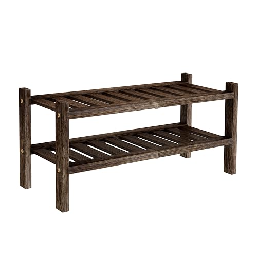 2-Tier Acacia Wood Stackable Shoe Rack - Brush Black - color: Brush Black