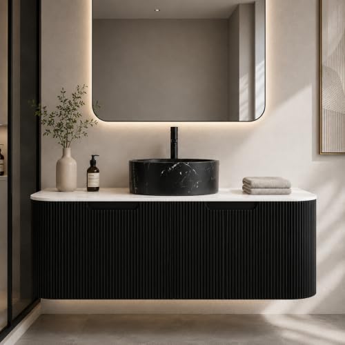 48" Floating Bathroom Vanity with Sink, Wall Mounted Plywood Cabinet, Black Fluted Front, Sintered Stone Countertop, Black Marble-Look Round Ceramic Vessel Sink, Soft-Close Drawer, Pre-Assembled - color: Black Cabinet / Black Marble Sink, size: 48 Inch
