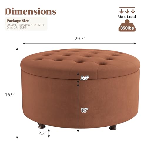 30 Inch Round Storage Ottoman,Modern Tufted Ottomans,Upholstered Large Ottoman with Storage with Removable Top Footrest Stool for Bedroom Living Room (Orange) - color: Orange, size: 30"D x 30"W x 16.9"H