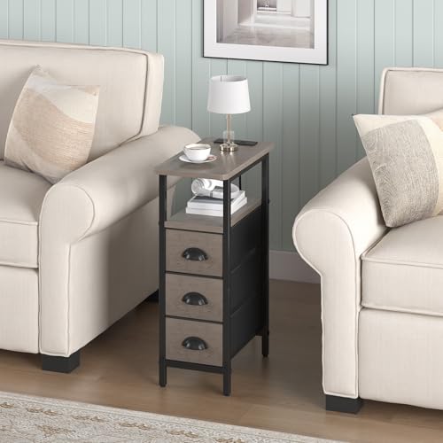 sthmec End Table with Charging Station,Narrow Side Tables with USB Ports and Outlets,Skinny Bedside Tables with 3 Drawers,Small Tables Nightstands for Small Space,Slim Sofa Table for Livingroom,Grey - color: Grey, size: 7.88'' W*15.75'' D*24.3'' H, style: