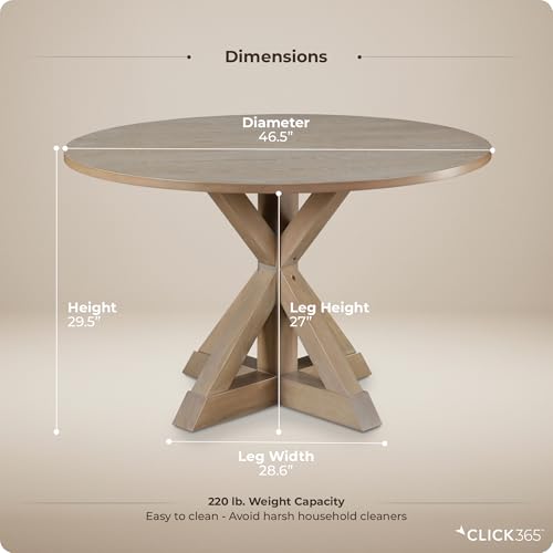 Alfred 46.5 Inch Round Dining Table for 4, Solid Wood Farmhouse Kitchen Table with Distressed Beige Finish and Pedestal Trestle Base