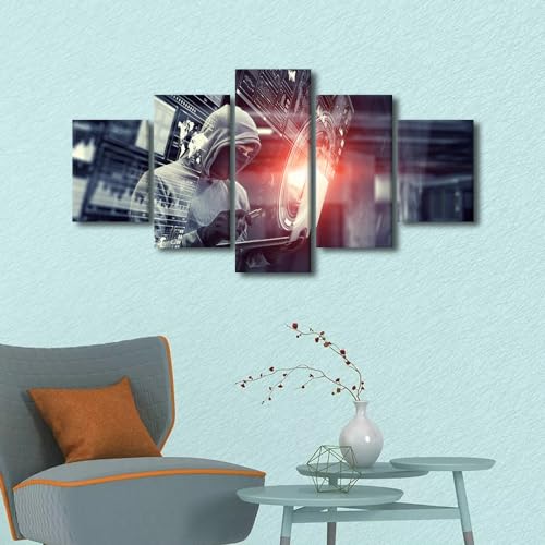 Network Security Poster Print on Canvas Privacy Crime Wall Decor Hacker Holding Laptop Wall Art 5 Pieces Pictures for Bedroom Stretched and Framed Ready to Hang (60"Wx32"H) - color: Artwork-05, size: 60"Wx32"H