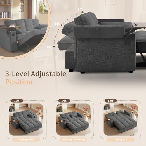 65'' 3-in-1 Folding Convertible Sofa Bed, Queen Size Pullout Sofa, Modern Chenille Fabric, 360° Swivel Side Table, Easy Assembly, Perfect for Living Room - color: Dark Grey-a