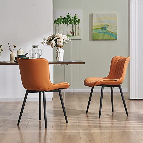 YOUNUOKE Dining Chairs Set of 2 Mid-Century Modern Kitchen Chair Orange | Faux leather upholstered with Back, fits dining living waiting room guest reception. Waterproof easy to clean assemble, 300lb - color: Camel