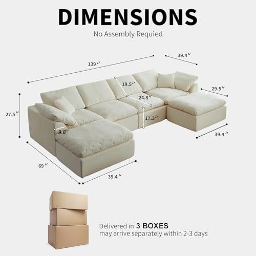 Cloud Couch Sectional for Living Room, Modular L Shaped Boneless Sofa with Chaise, Compressed No Assembly Couch, Deep Seat Chenille Upholstered Convertible Sofa Bed (Beige) (139″ U-Shaped White) - color: White