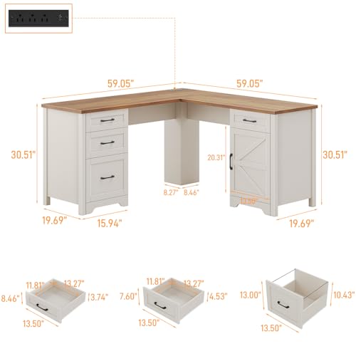 Vabches 59” Farmhouse L Shaped Executive Desk with File Drawer, White | Home Office Desk with Power Outlets, Storage Cabinet, Wood Corner Sturdy Writing Workstation - color: Unique White, size: Cabinet on the Right