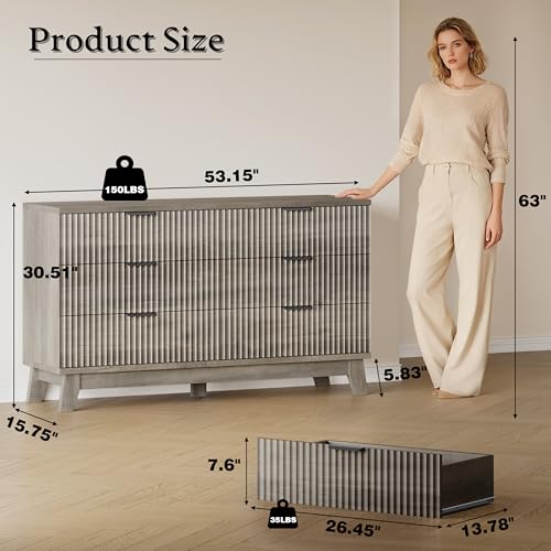 BORNOON 53" Long Dresser for Bedroom, 6-Drawer Dresser with Fluted Fronts, Wide Wood Chest of Drawers, Smooth Metal Slides, Stable Base, Modern Clothes Storage Cabinet for Living Room, Hallway - color: Rustic Drift, size: XL 6-Drawer