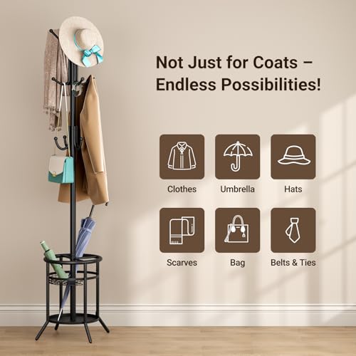 ELYKEN Coat Rack Freestanding, Metal Coat Rack with Umbrella Holder | 12 Hooks, Round Base, Heavy Duty Floor Standing Coat Tree for Entryway, Hallway, Living Room, Bedroom, Office, Black - color: Black