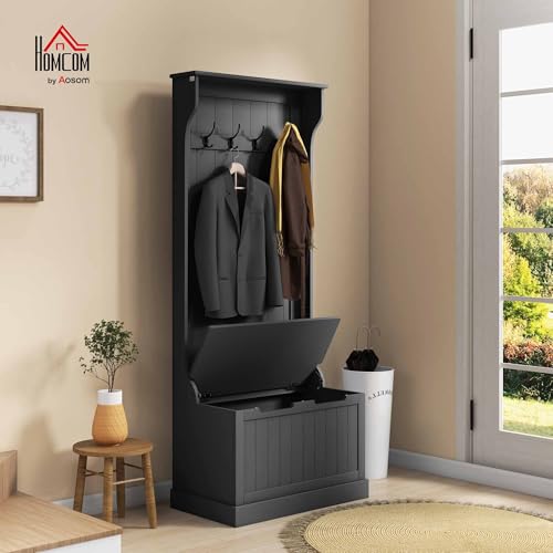 HOMCOM Hall Tree with Bench and Shoe Storage 3-in-1 Coat Rack Black | Slim Bench with Coat Rack, 4 Hooks, Flip Top Storage Compartment - color: Black, size: 28"