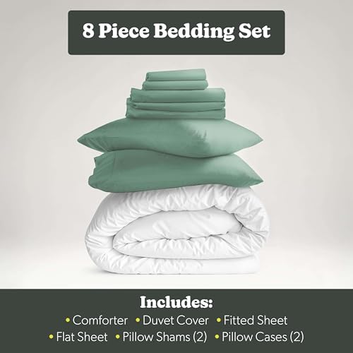 Hearth & Harbor Full Comforter Set Sage Green - 8 Piece Set | Soft Double Brushed, All Season, Easy Care, Includes Comforter, Duvet Cover, Fitted Sheet, Flat Sheet, Pillowcases & Shams - color: 13 - Sage Green, size: Full 8-Piece Set