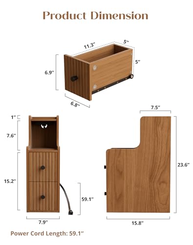 Set of 2 Narrow Side Table with Charging Station, Wooden Slim End Table with Storage, Mid Century Modern Nightstand with Drawers for Living Room, Walnut - color: Walnut, size: 7.9"x23.6"