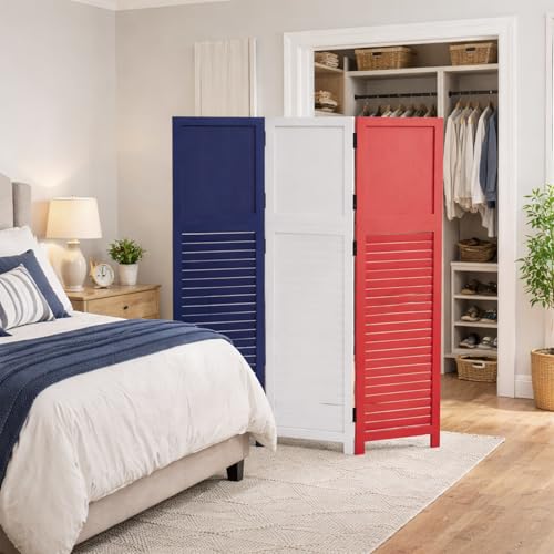 1 Pack 3 Panel Wood Short Room Divider Screen Red White Blue | Freestanding Modular Louvered Partition Screen For Bedroom Home Office Apartment Privacy - color: Red White Blue