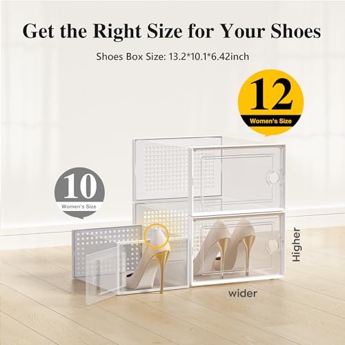 Kuject X-Large Shoe Storage Boxes 12 Pack, Clear Stackable Shoe Organizer | Shoe Case for Closet, Entryway & Under-Bed Storage, Drop-Front Design, Space-Saving Solution for Family Organization,White - color: White, size: X-Large