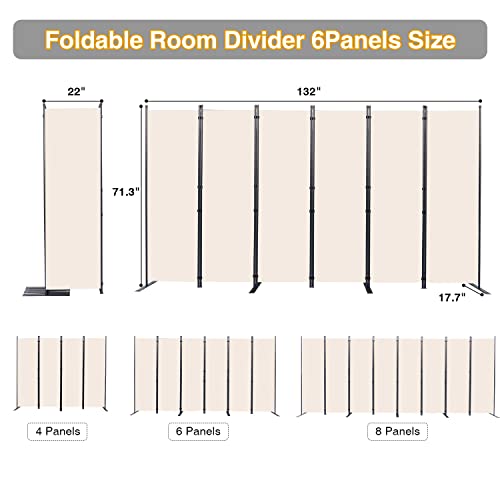 Room Divider, 6 Panel Folding Privacy Screens with Wider Feet, Beige | 132" W X 71" H Room Divider Panel, Stable Frame Structure, Flexible Space Separator, Portable wall divider for Room Partition - color: Beige, size: 22"- 6 Panel