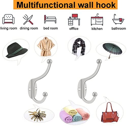 ZEYU Wall Hooks, 10Pcs Coat Hooks Hardware Towel Hooks for Hanging Coats Double No Rust Black Robe Hooks Wall Mounted with Screws for Key, Towel, Bags, Cup, Hat - color: 10Pcs Silvery