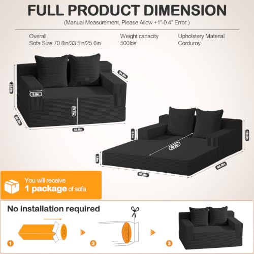 Erament Loveseat Boneless Convertible Sofa Bed, Folding Floor Futon Sleeper Sofa Couch Bed- Boneless Foldable Couch, Corduroy Pull Out Sofa Bed with 2 Pillows for Living Room & Bedroom - color: Black, size: 54''(Lovesat)