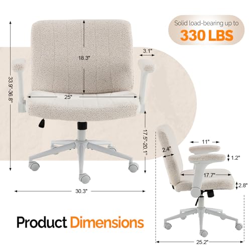 VINGLI Criss Cross Chair with Adjustable Flip-Up Arms,Cross Legged Chair with Wheels,Extra Wide Office Chair,Desk Chair for Home Office,Vanity,Bedroom, Apartment,Starry Chenille,White - color: White