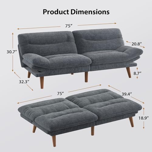 Amada 75 inch 3-in-1 Convertible Futon Sofa Bed, Gray | Adjustable backrest and armrests, strong wood legs and frame, loveseat for compact apartments, studios and offices - color: Grey, size: 75 Inch