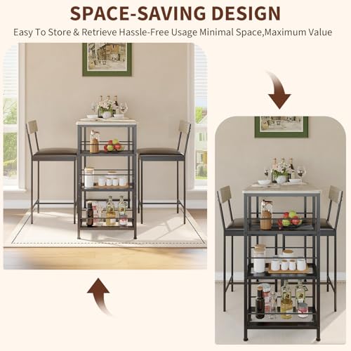 3-Piece Counter Height Dining Set for 2, Small Space Pub Table with 2 Upholstered High-Back Stools, Narrow Kitchen Bar Table with 3-Tier Storage Shelf, Industrial Dining Set for Breakfast Nook - color: Oak