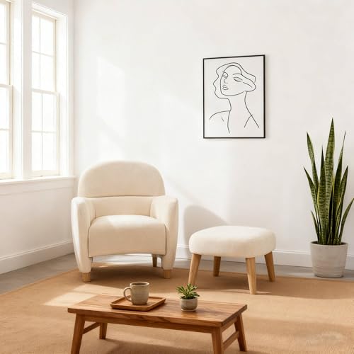 Accent Chair and Ottoman Set, Modern Upholstered Barrel Chair w/Footrest, Small Comfy Armchair Boucle Couch Single Sofa Chair for Living Room Lounge Bedroom Reading Corner, White - color: White, size: Barrel Chair