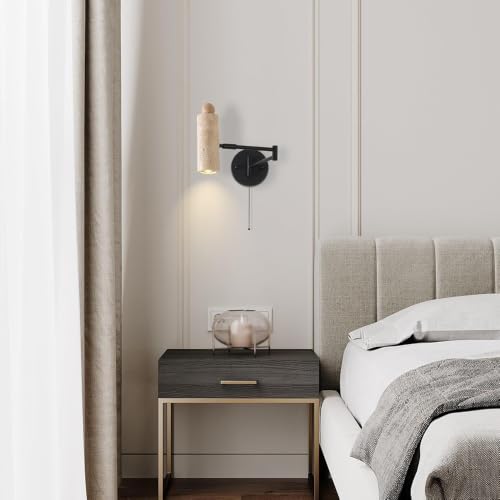 Modern Travertine Stone Wall Sconce, Adjustable Swing Arm Wall Lamp, Black Metal Base Pull Chain Switch Bedside Reading Spotlight for Bedroom Study Room Bedside - color: Natural