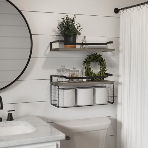 Bathroom Shelves Over Toilet with Protective Metal Guardrail | Floating Shelves with Wire Storage Basket, Wood Wall Shelves for Bathroom Organizers and Storage, Toilet Paper, Gray - color: Modern Grey