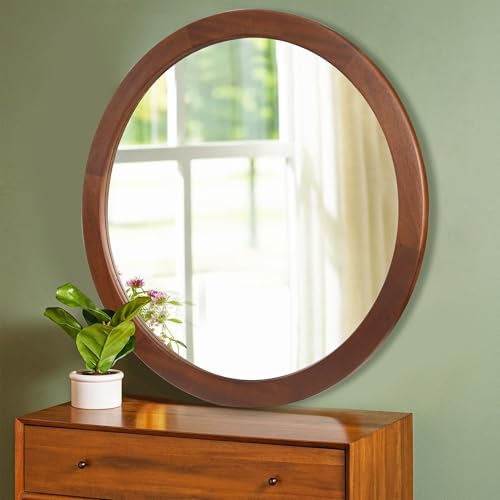 Round Mirror 36 Inch,Wood Rustic Bathroom Wall Mirror with Walnut Frame | Tempered Farmhouse Wooden Vanity Circle Mirrors for Living Room,Entryway or Bedroom(Walnut Brown) - color: Walnut Brown, size: 36"L x 36"W