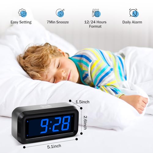 Digital Alarm Clock Battery Operated with LED Display for Bedrooms, Long Battery Life, 3 Brightness Adjustable, 12/24 Hour, Snooze, Black Case with Blue Digits - color: Black-dark Blue