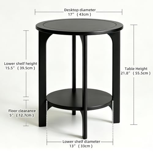 Black Solid Wood Round Side Table for Living Room, Bedroom | 2-Tier Wooden End Tables, Mid Century Modern Circular Nightstand Bedside Table, Easy Assembly (Black) - color: Black