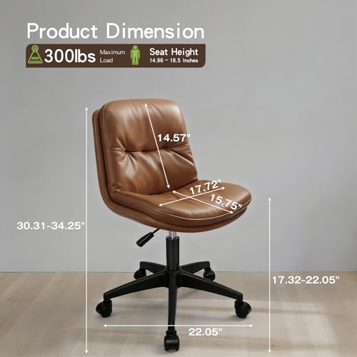 Armless Rolling Desk Chair, PU Leather Ergonomic Task Chair with Lumbar Support, Adjustable Height 360° Swivel Computer Chair for Home Office, Vanity, Bedroom & Small Spaces, Brown