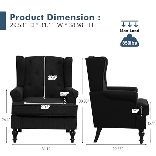 Accent Chair Set of 2, Mid Century Modern Fabric Wingback Chair, Upholstered Armchair with High Back and Vintage Legs, Comfy Single Sofa Side Reading Chair for Living Room Bedroom, Black - color: Black, size: Set of 2