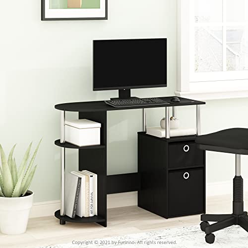 Furinno Jaya Simplistic Computer Study Desk, Americano/Chrome/Black | Bin Drawers, Computer Desk with Side Shelf, Office Desk for Study, Home Office, Bedroom, Dorm, Study Room - color: Americano/Stainless Steel/Black