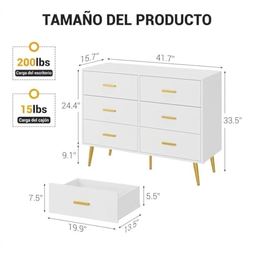 Garvee 6 Drawer Dresser for Bedroom, Modern Chest of Drawers with Gold Handles, Storage Organizer for Bedroom, Living Room, Entryway & Hallway, White - color: White