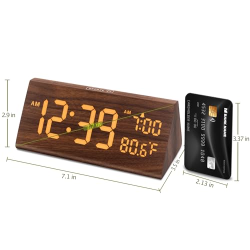 DreamSky Wooden Digital Alarm Clock for Bedroom with USB Port | 7.7" Electric Clocks with Large Numbers, Temperature, 0-100% Brightness Dimmer, Adjustable Alarm Volume, Snooze, 12/24H - color: Amber