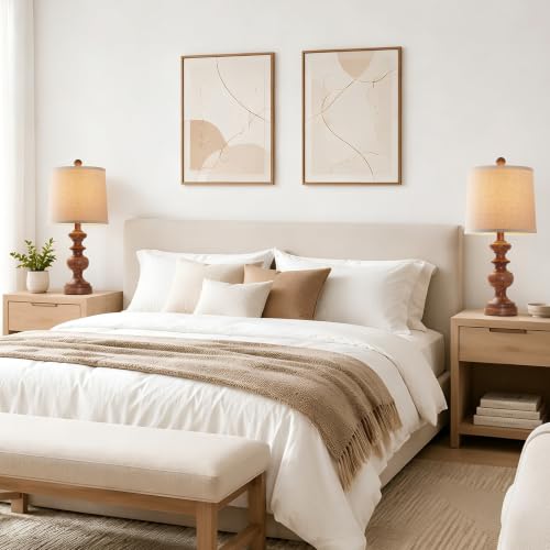 Farmhouse Table Lamp Set of 2, Rustic Table Lamps for Living Room Bedroom, 22" Mid Century Modern Desk Lamp Bedside Nightstand Lamps with Linen Tapered Drum Shades, Wood Grain - color: Wood Grain