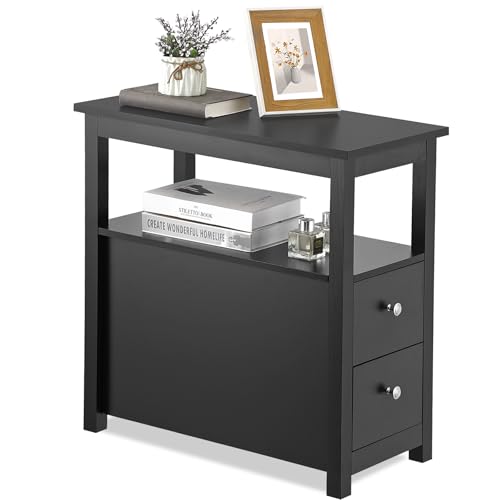ZENY Narrow End Table Side Table with Drawer and Open Shelf Sofa Table for Living Room Bedroom, Bedside, Couch - color: Black