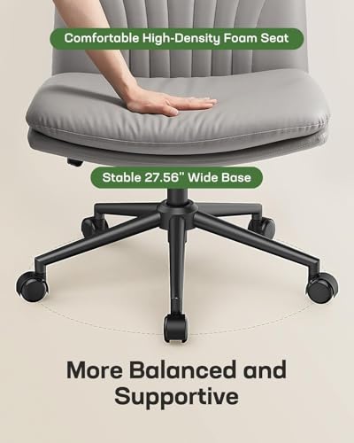 Marsail Criss Cross Office Chair with Wheels, Armless Wide Desk Chair for Active Sitting, PU Leather Cross Legged Chair for Home Office, Pet-Friendly & Easy Clean, Grey - color: Grey