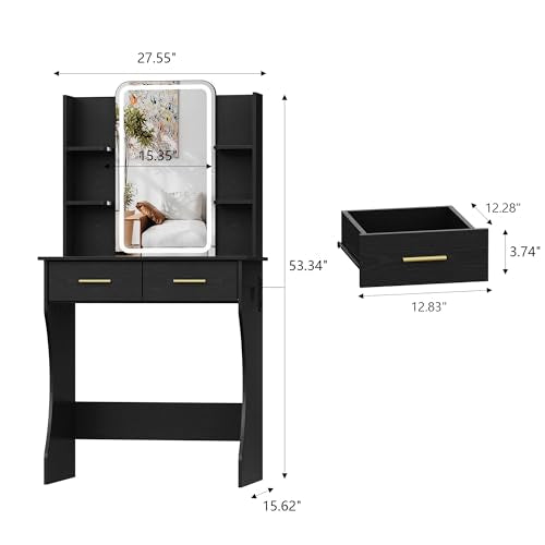 HUANLEGO Small Black Vanity Desk with Mirror and Lights for Women Girls | Vanity Mirror with Lights, 3 Lighting Adjustable, LED Light Strips, Built-in Power Outlet, Compact Dressing Table For Girls - color: Black, size: 27.56x15.55x51.30 in