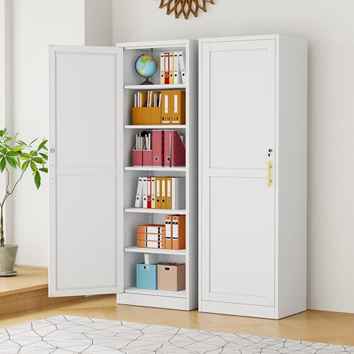 pozdeg 67" White Lockable Metal Storage Cabinet | Narrow File Unit with 5 Adjustable Shelves, Freestanding Steel Locker for Office, Home, School, Garage & Gym - color: White - B, size: 15.8"D x 19.7"W x 67"H